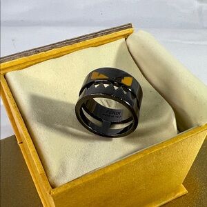 Fendi Men's Black Ring with Gold Accents